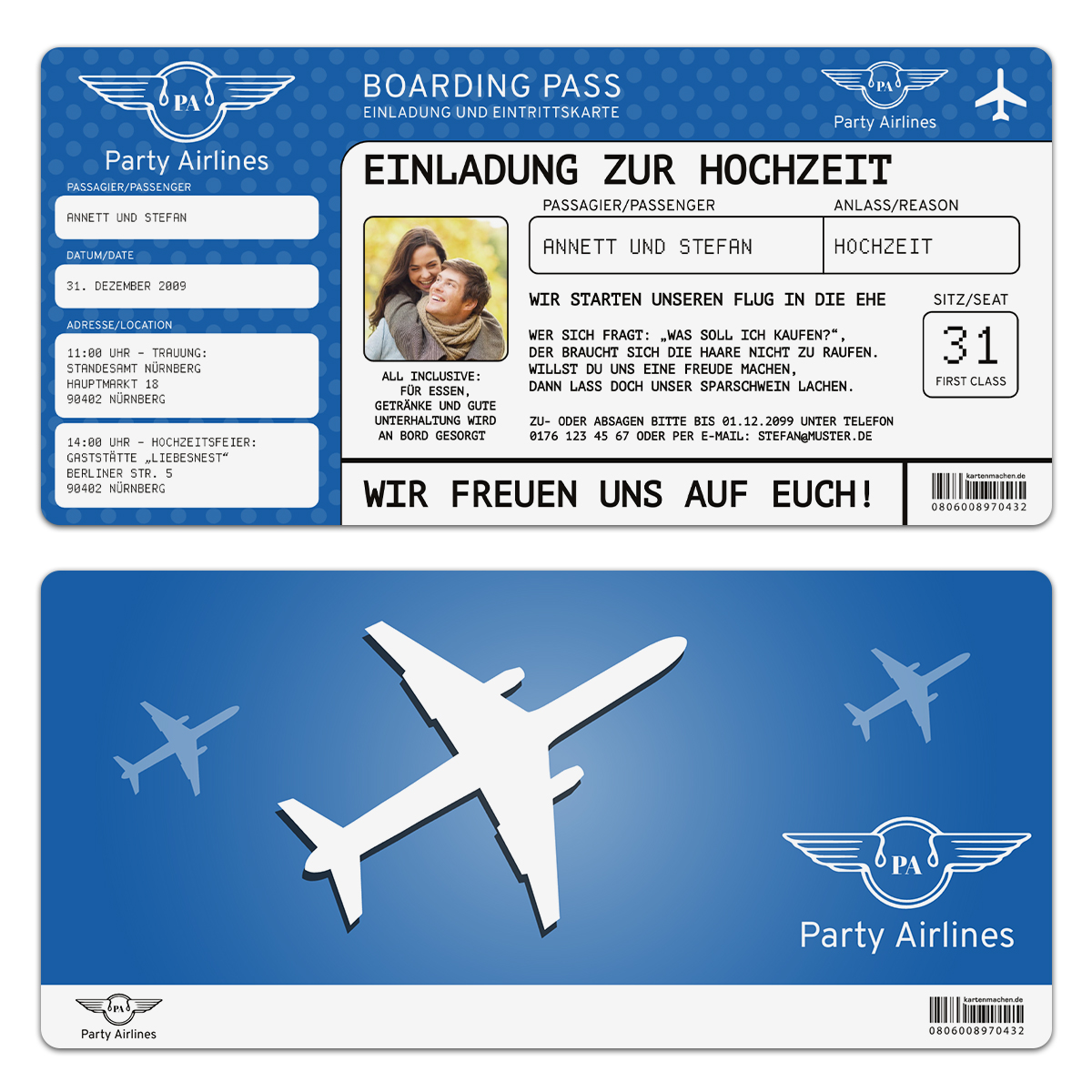 Hochzeit Einladungskarte mit  Abrissstreifen - Flugticket