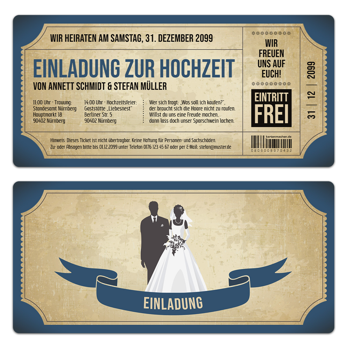 Hochzeitskarten - Vintage Brautpaar in Blau