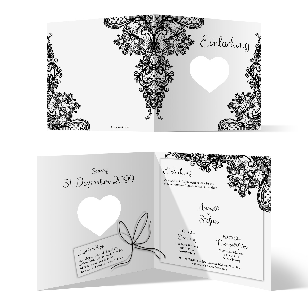 Lasergeschnittene Hochzeit Einladungskarten - Rustikal Schwarz Weiß