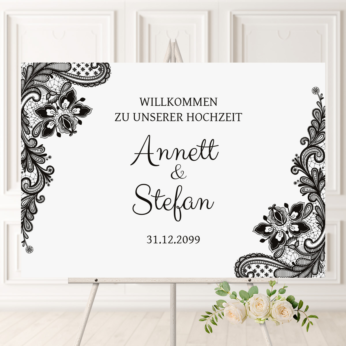 Personalisiertes Willkommensschild zur Hochzeit Birkensperrholz - Rustikal Schwarz Weiß