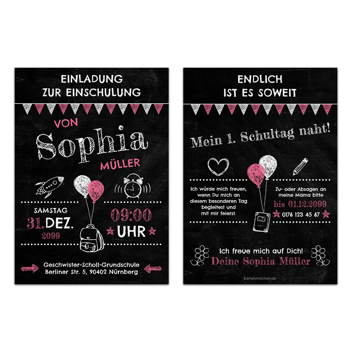 Einschulung Einladungskarten - Tafel Rosa
