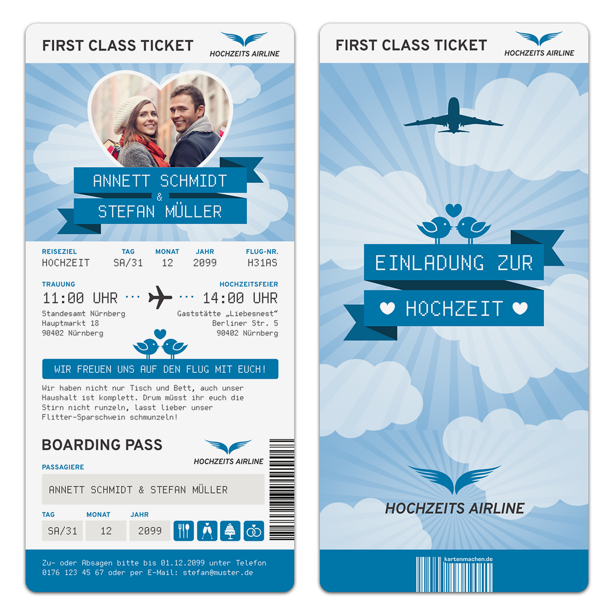 Hochzeit Einladungen - First Class Flugticket in Blau
