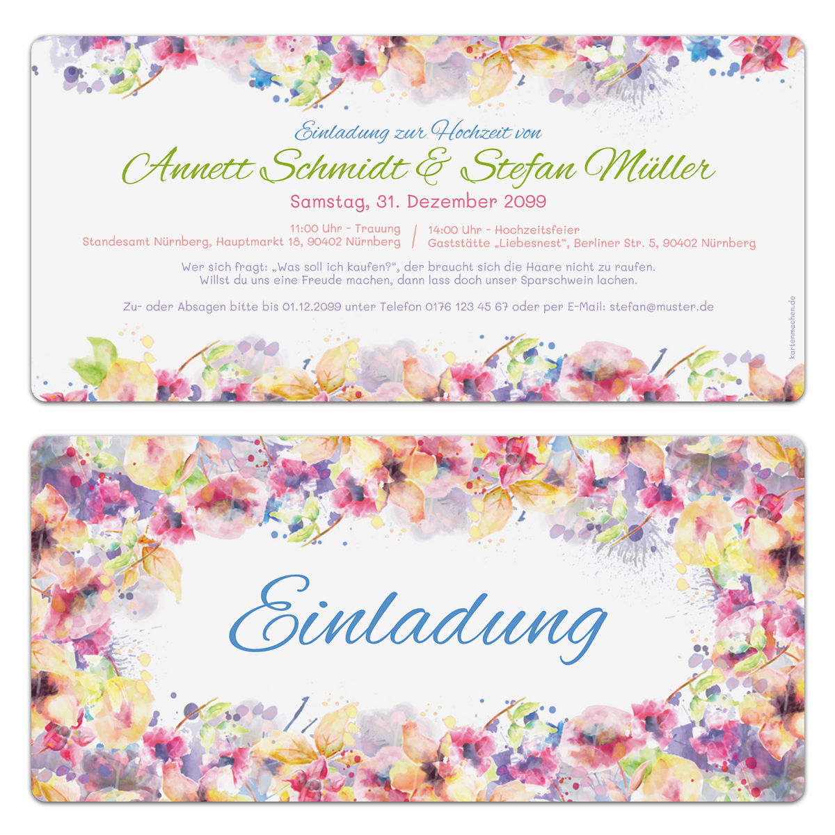 Hochzeitseinladungen -  Aquarell mit Blumen querformat