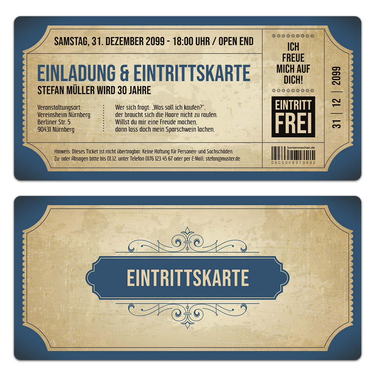 Einladungskarten zum Geburtstag - Vintage in Blau