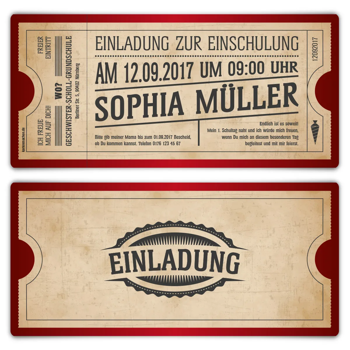 Einladungskarten zur Einschulung mit Abriss  - Vintage in Rot