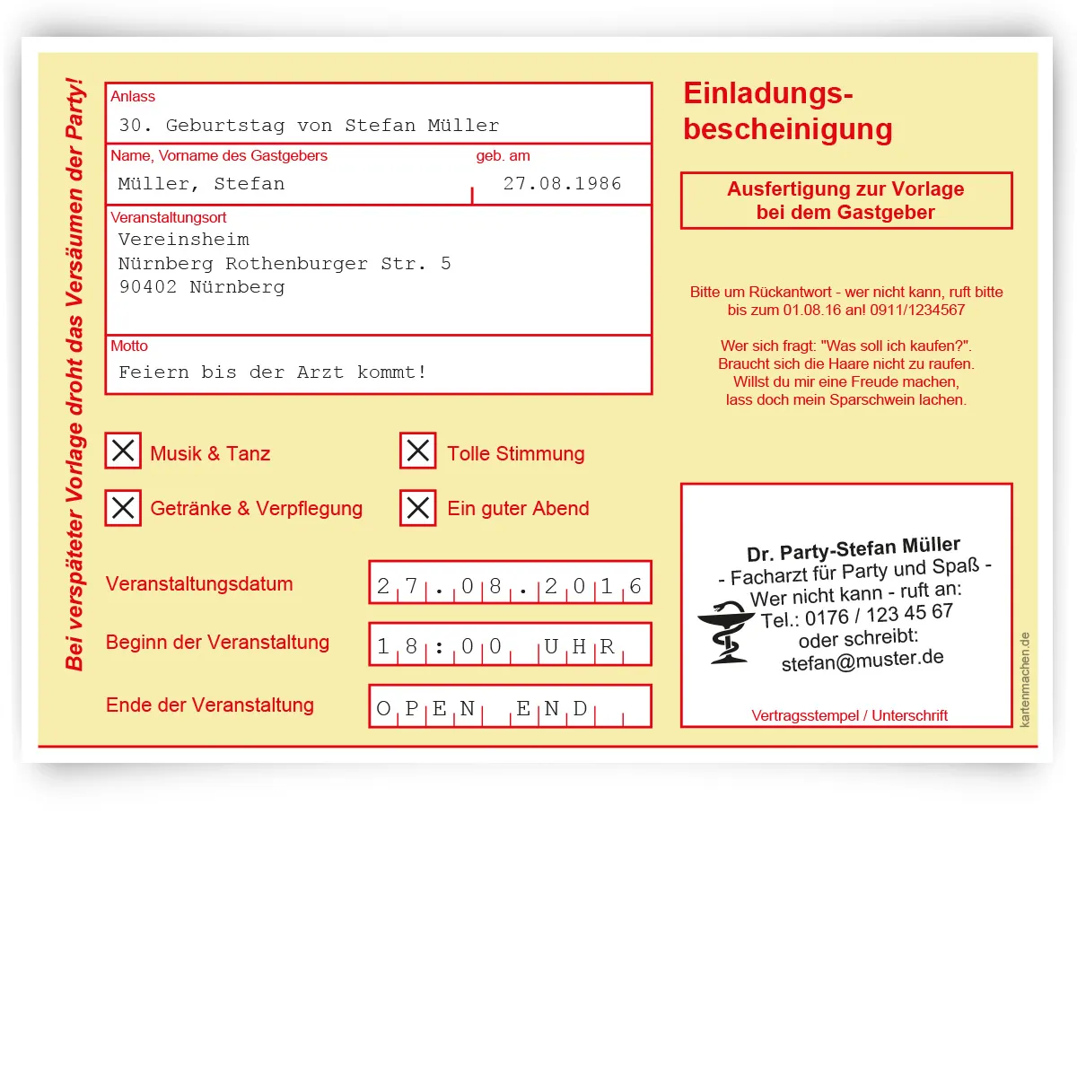 Einladungskarte als Krankschreibung - Gelb