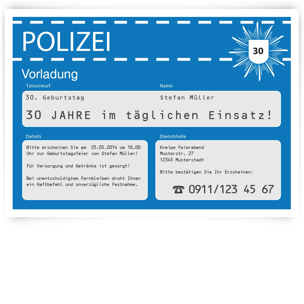 Einladungskarte als Polizeivorladung - Blau