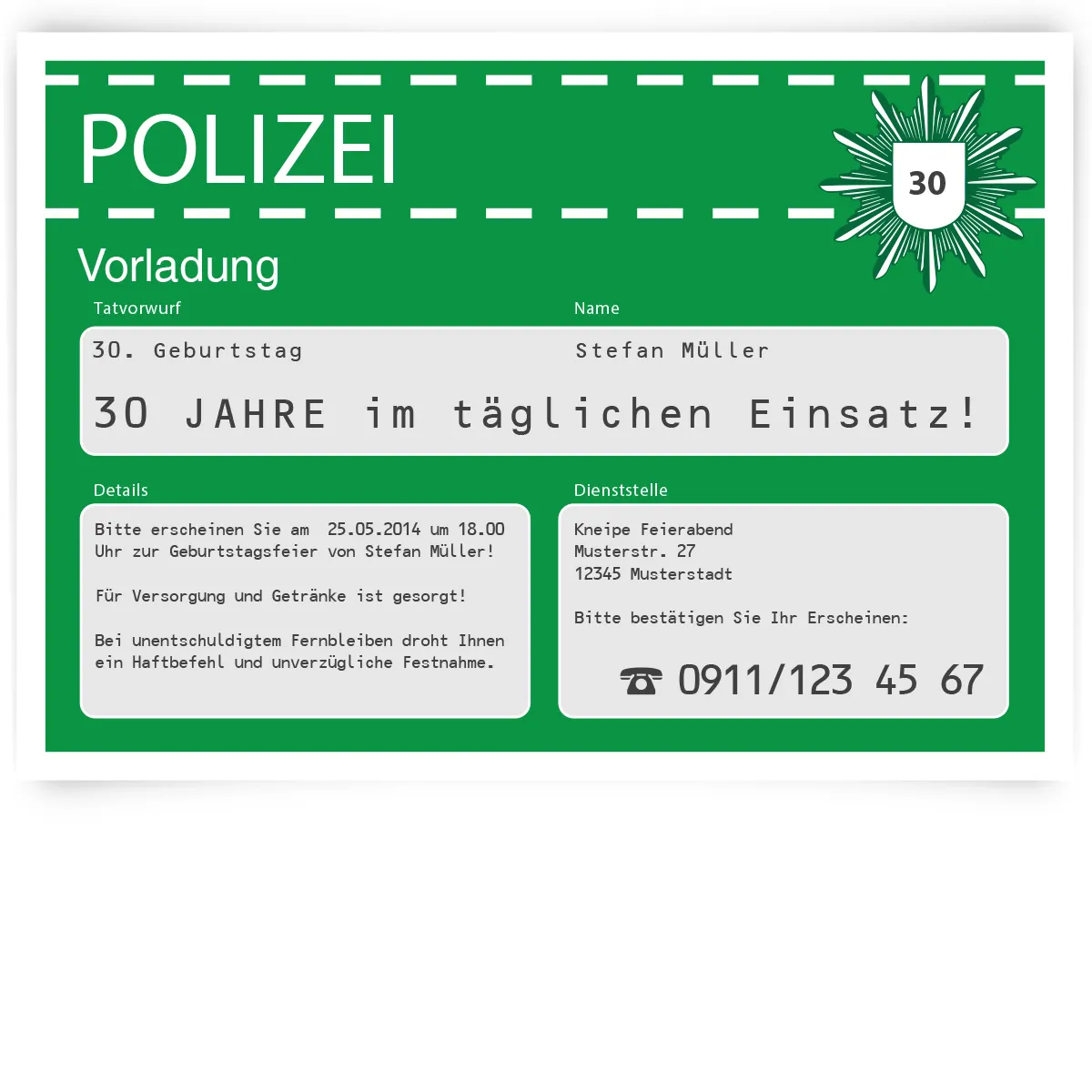 Geburtstag Einladungskarte als Polizeivorladung - Grün