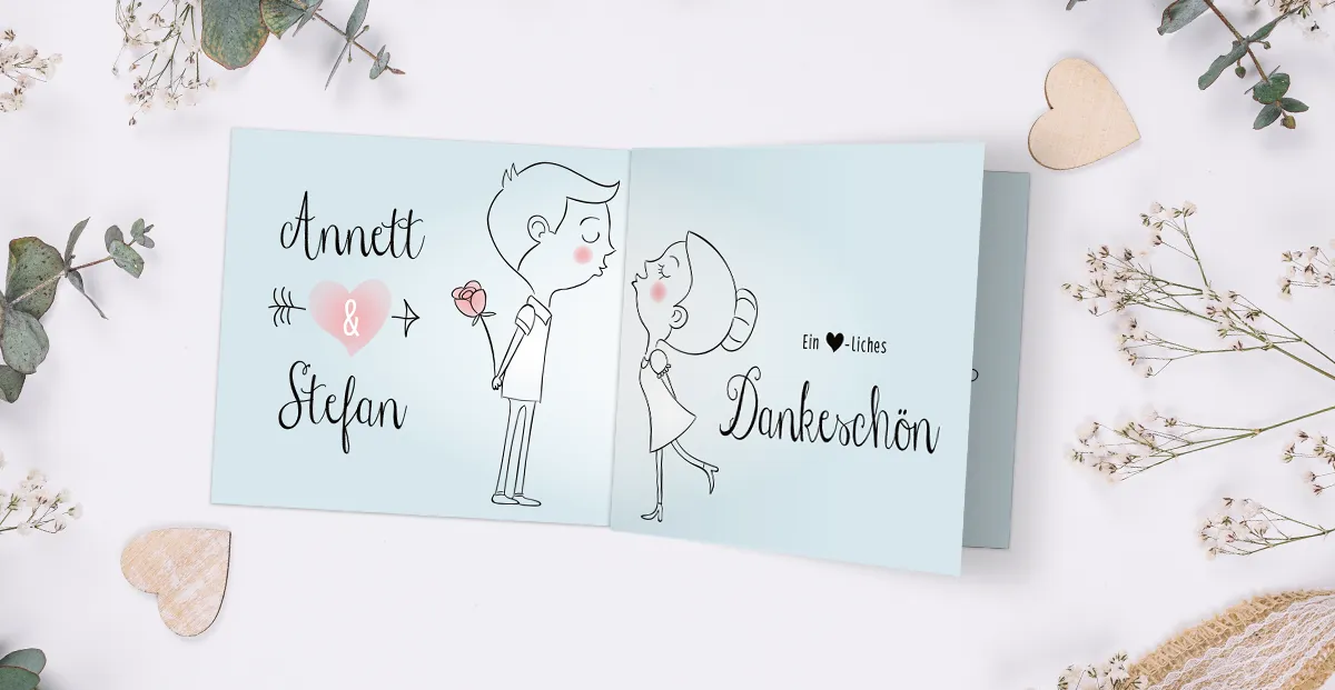 Hochzeit Dankeskarten für Ihre Hochzeit im süßen küssenden Brautpaar Design mit cooler Falztechnik