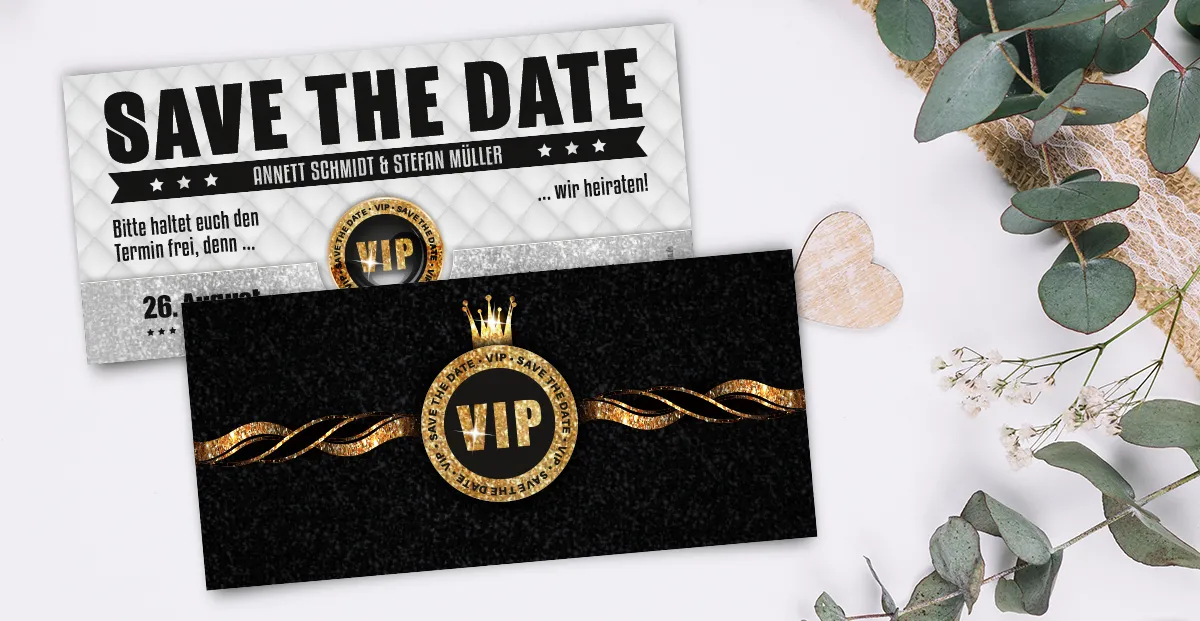 Hochzeitskarten - Beginn Ihrer Hochzeitsplanung mit VIP Gold Save the Date Karten