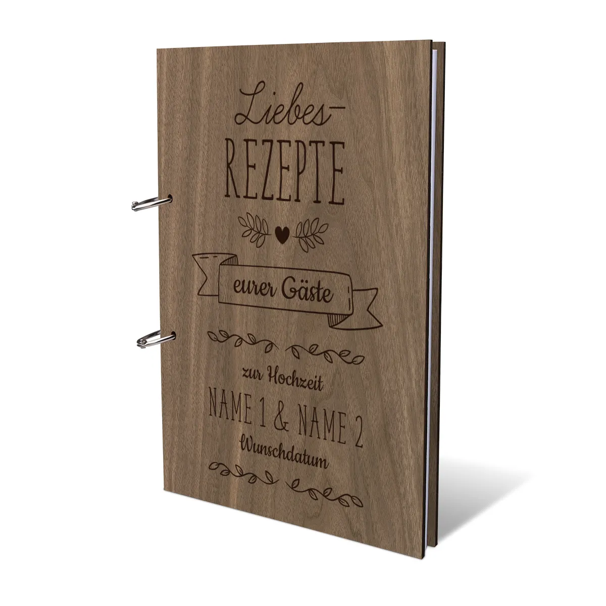 Personalisiertes Hochzeit Gästebuch Nussbaum Holz A4 hoch - Rezeptbuch