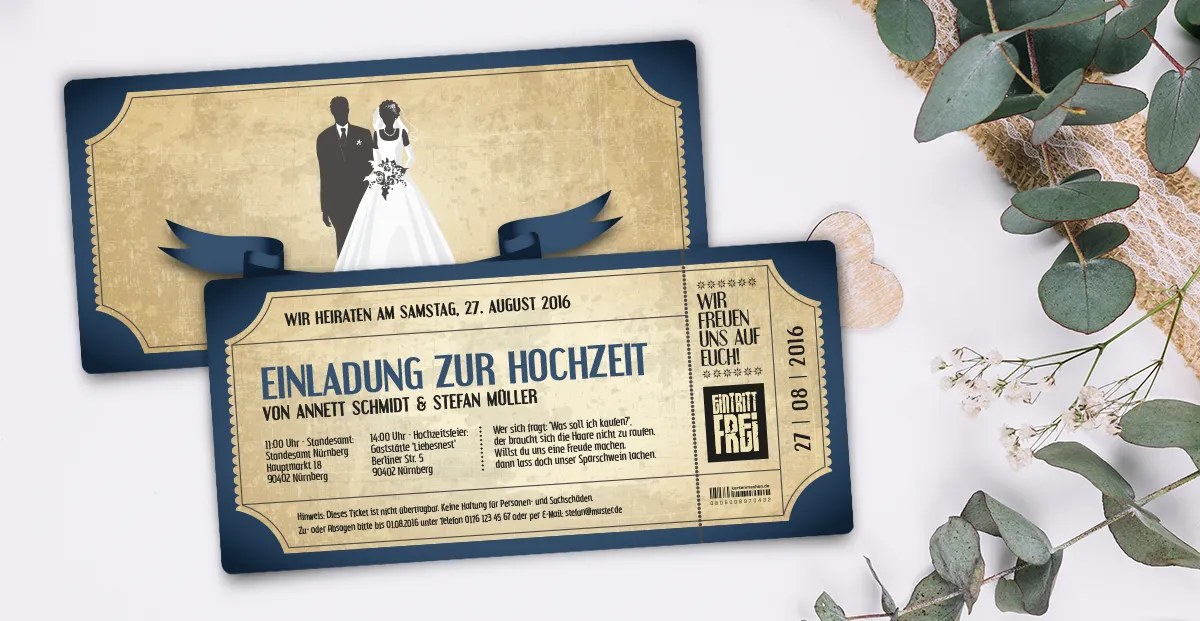 Etwas Altes etwas Neues - Einladungskarten im Vintage Brautpaar Motiv mit dunkelblauem Rahmen individuell online selbst gestalten als Ticket mit echtem Abriss