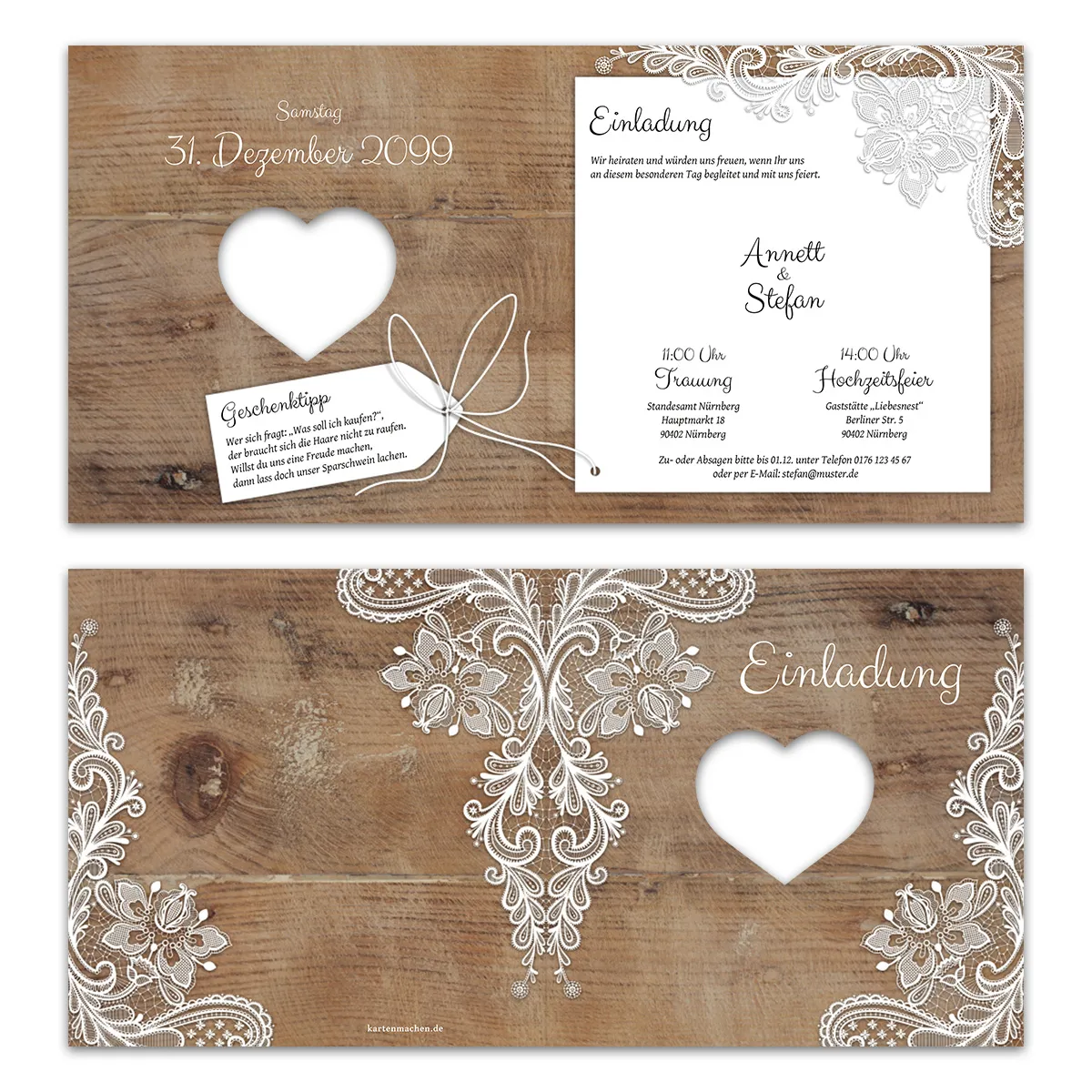 Lasergeschnittene Hochzeit Einladungskarten - Rustikal mit weißer Spitze