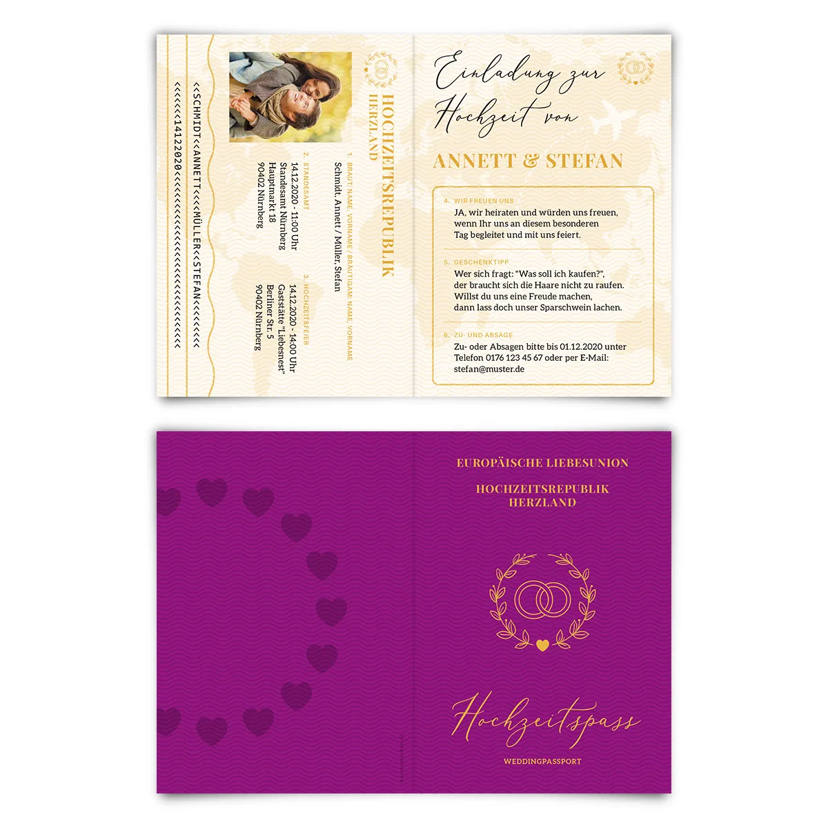 Hochzeitseinladungen - Violetter Reisepass / Hochzeitspass