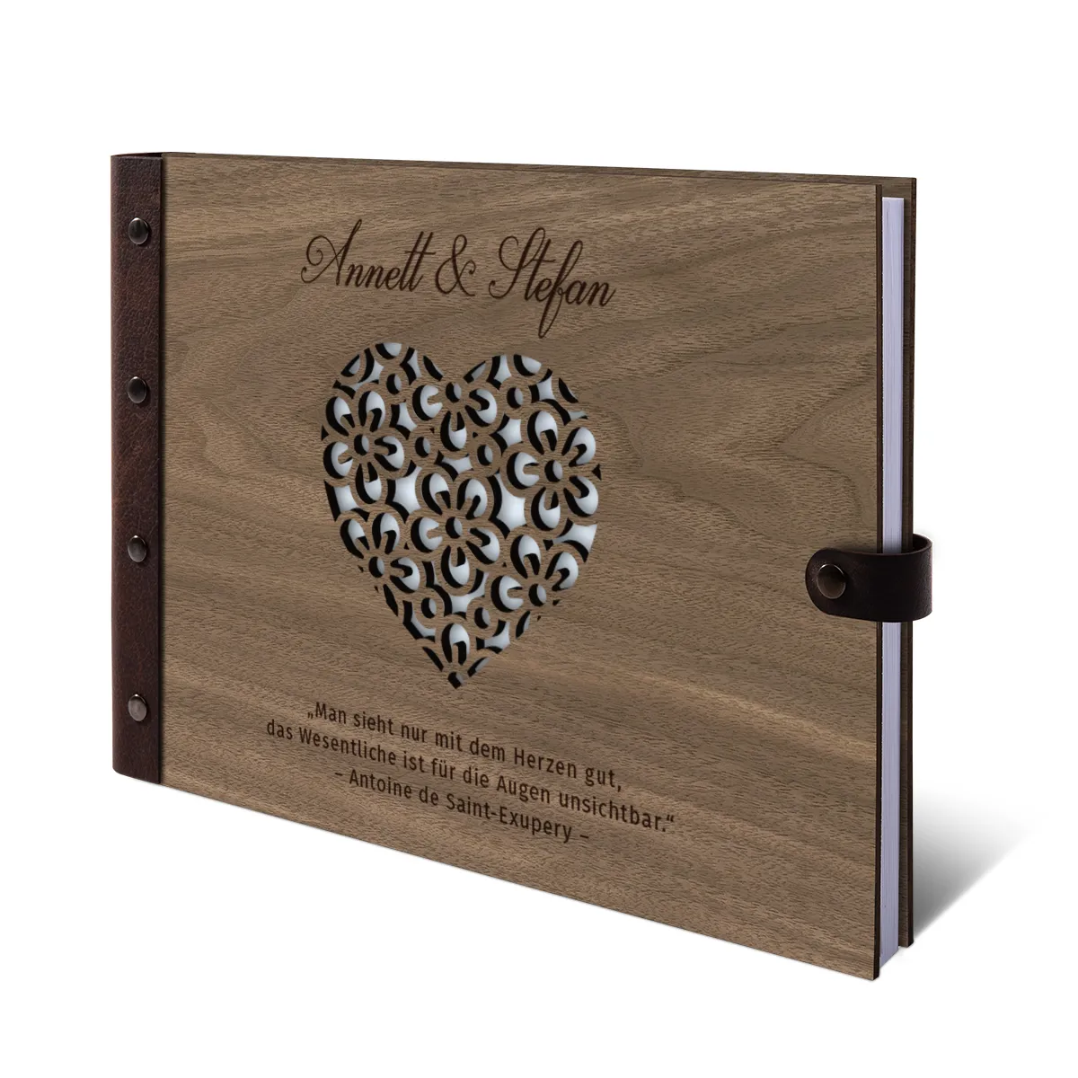 Lasergeschnittenes Personalisiertes Gästebuch Nussbaum Holz mit Lederrücken - Blumenherz