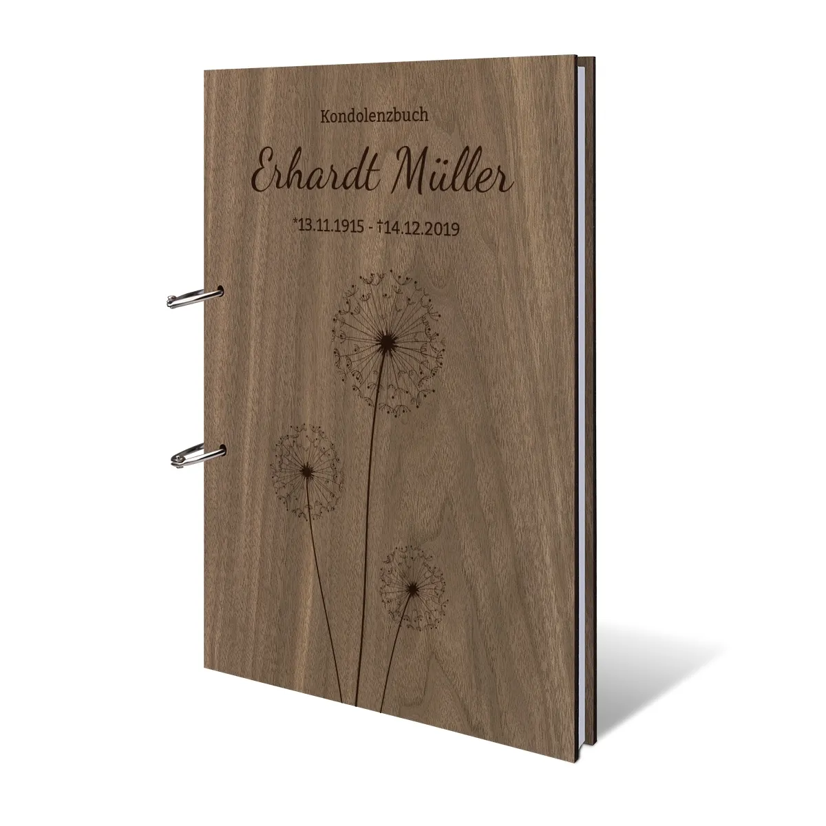 Personalisiertes Kondolenzbuch Nussbaum Holz A4 hoch - Pusteblume