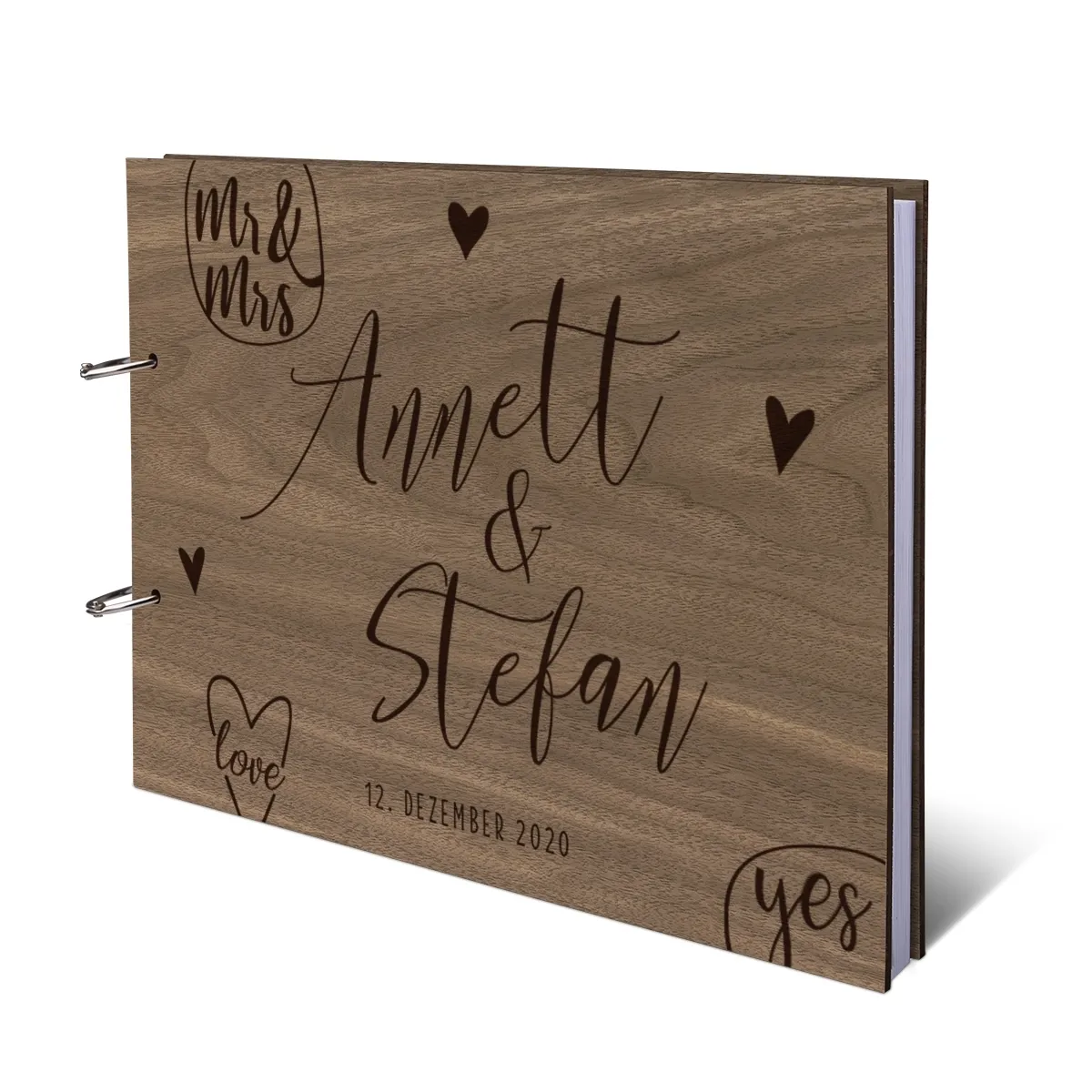 Personalisiertes Gästebuch Nussbaum Holz DIN A4 quer - Mr & Mrs Love