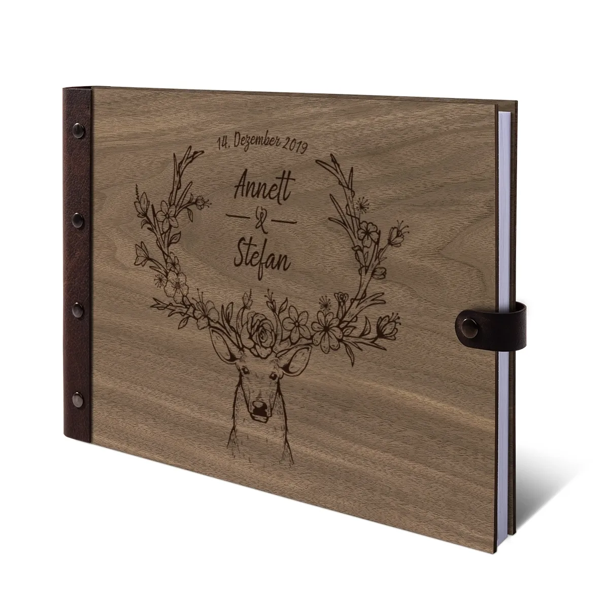 Personalisiertes Gästebuch Nussbaum Holz mit Lederrücken - Geweih