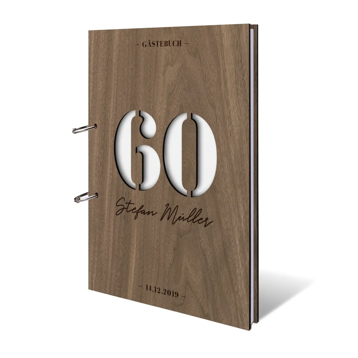 Personalisiertes Geburtstag Gästebuch Nussbaum Holz A4 hoch - 60 Jahre