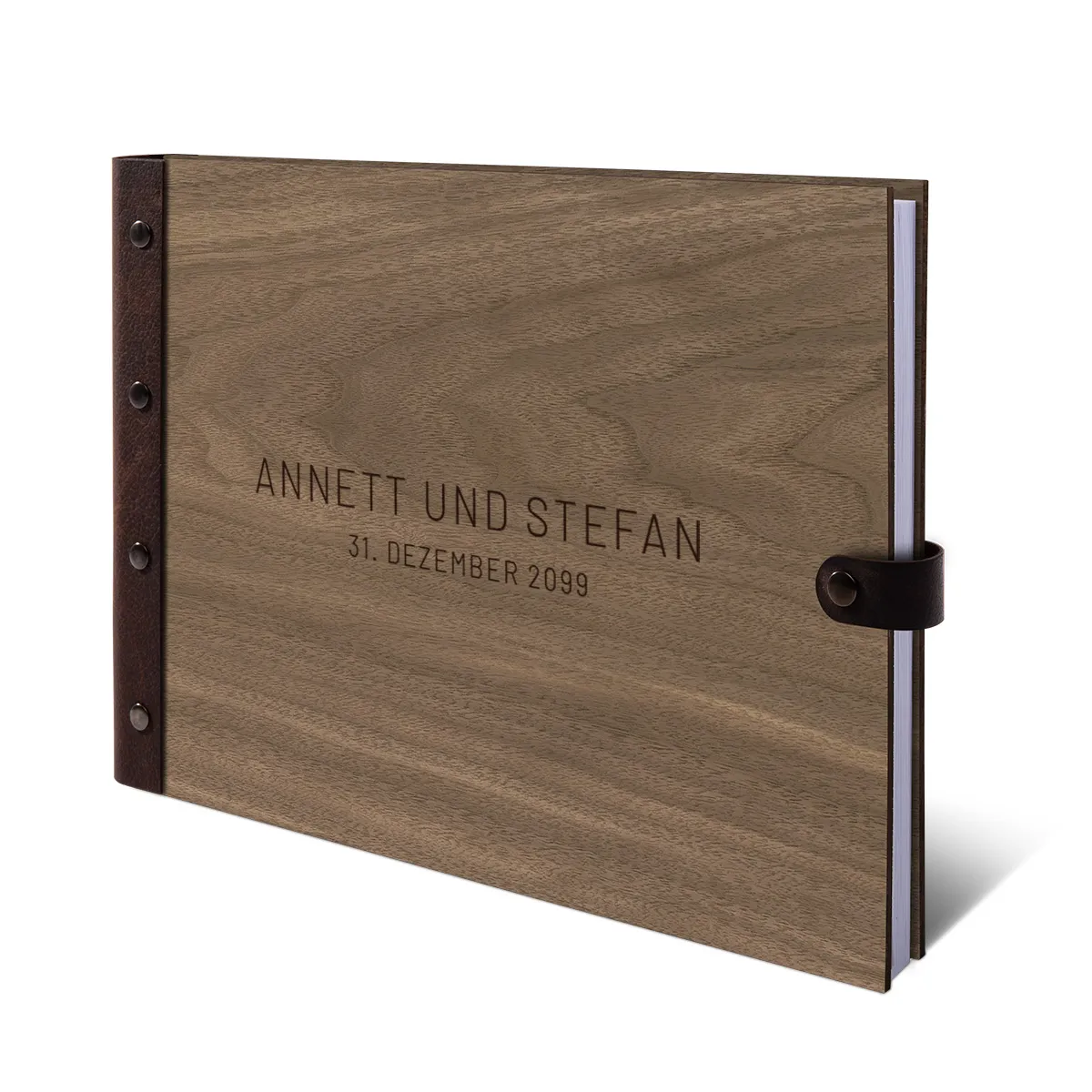 Personalisiertes Gästebuch Nussbaum Holz mit Lederrücken - Schlicht