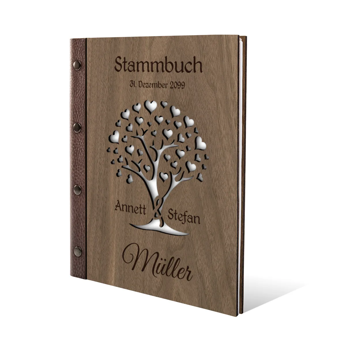 Personalisiertes Stammbuch Nussbaum Holz Stammbuchformat - Herzbaum