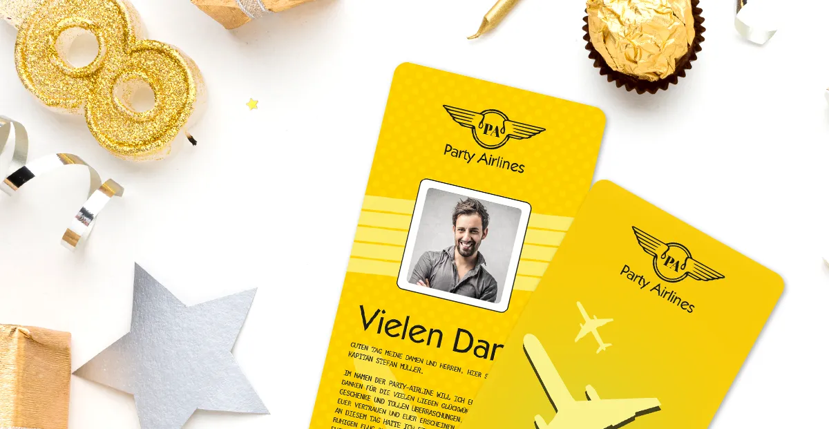 Geburtstag Dankeskarten als Flugticket in Gelb mit eigenem Foto