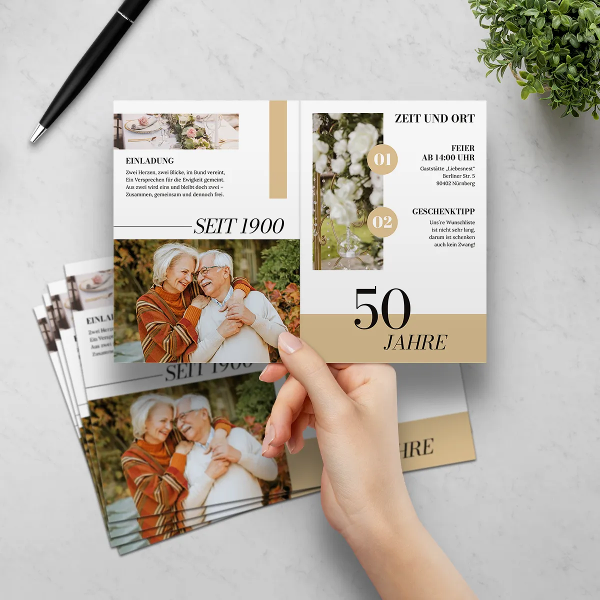 Moderne Hochzeitseinladung zur Goldhochzeit - Magazin-Stil 