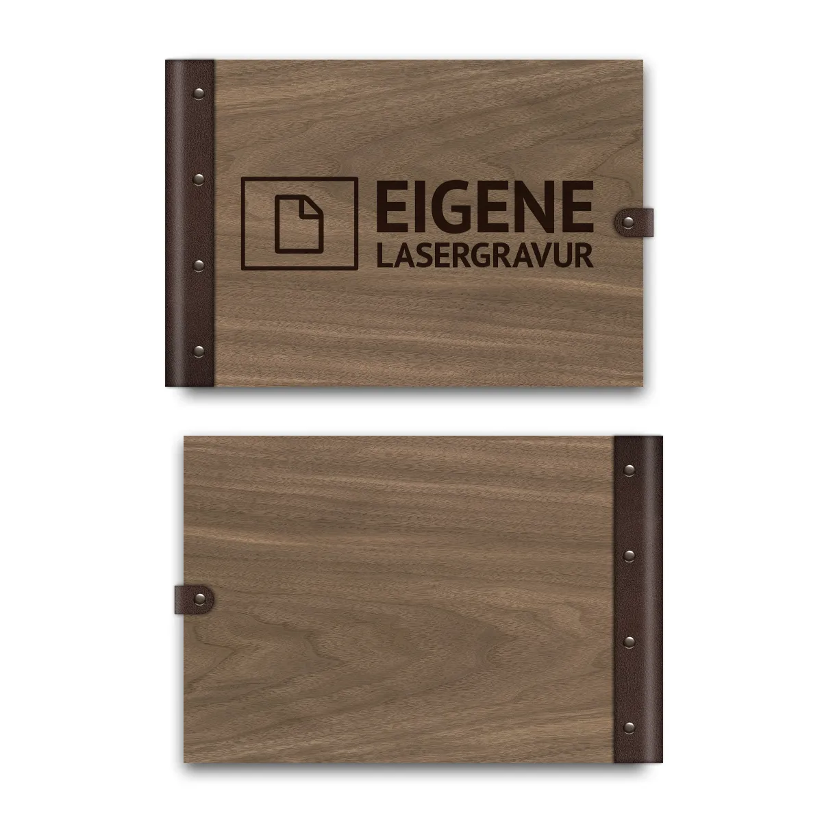 Personalisiertes Gästebuch Nussbaum Holz mit Lederrücken - Eigene Gravurdatei hochladen