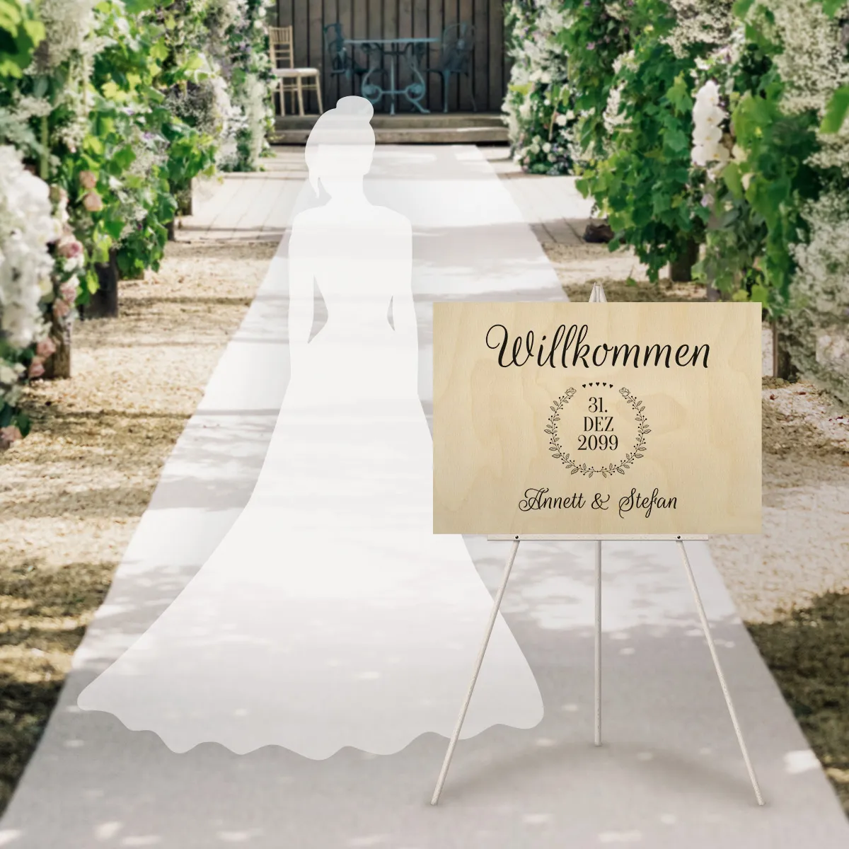 Personalisiertes Willkommensschild zur Hochzeit Birkensperrholz - Rosenkranz