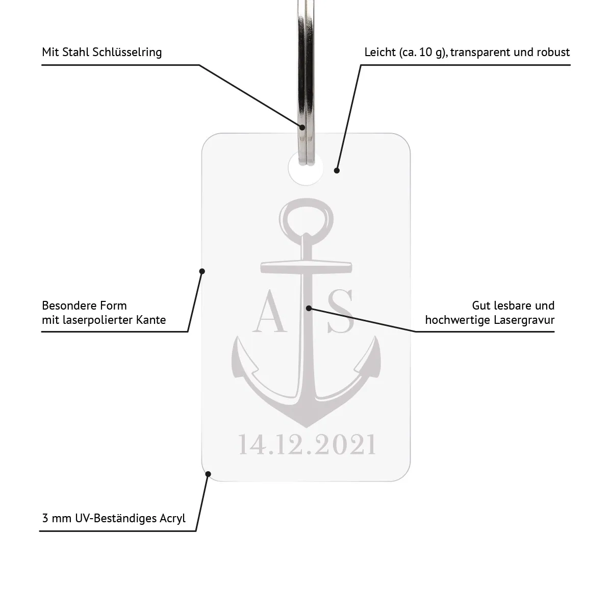 Personalisierter Acrylglas Schlüsselanhänger als Rechteck - Anker