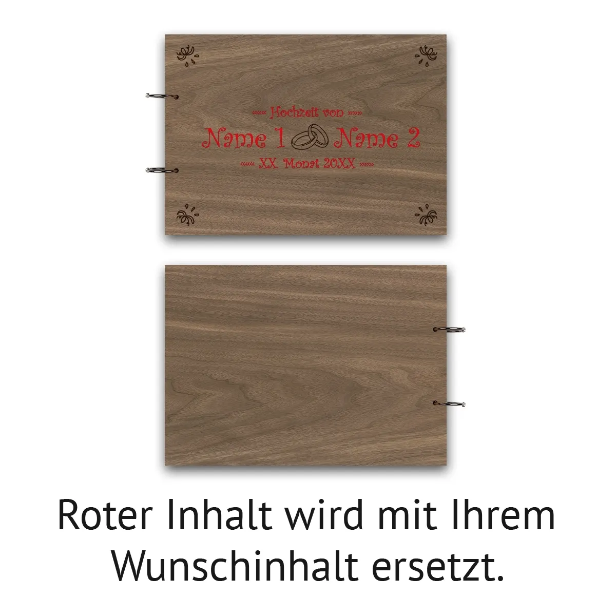 Personalisiertes Gästebuch Nussbaum Holz DIN A4 quer - Ringe