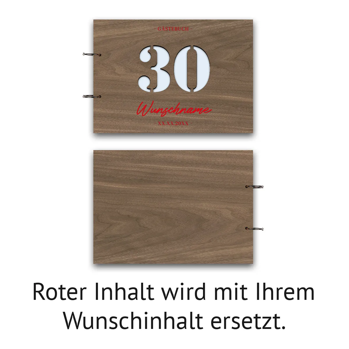 Personalisiertes Gästebuch Geburtstag Nussbaum Holz A4 quer - 30 Jahre Stanze