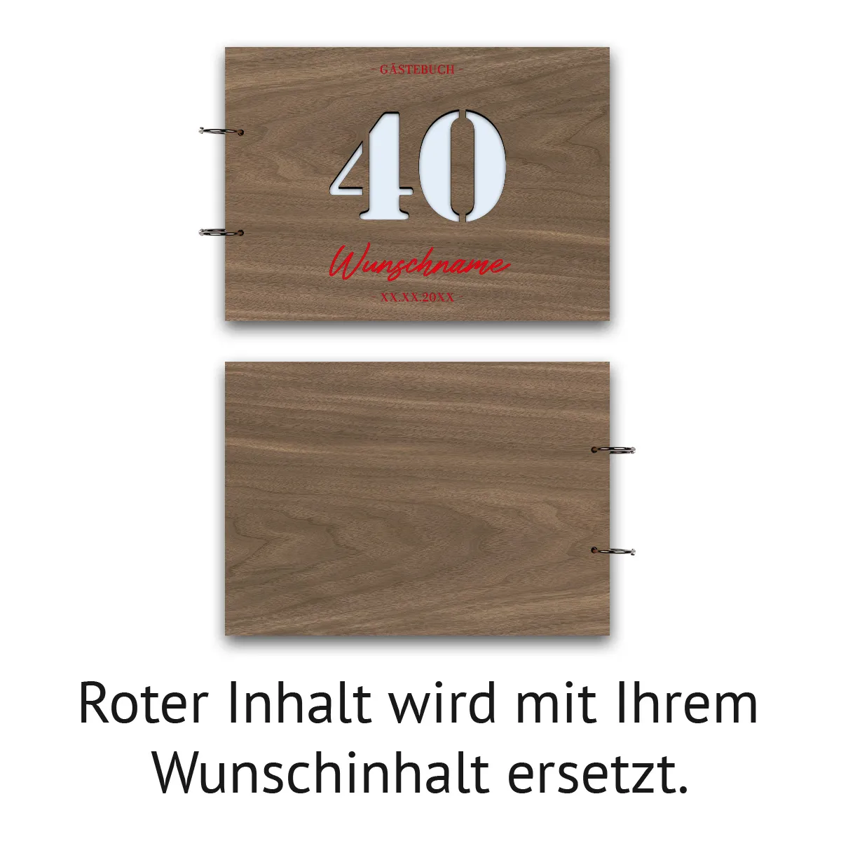 Personalisiertes Gästebuch Geburtstag Nussbaum Holz A4 quer - 40 Jahre Stanze