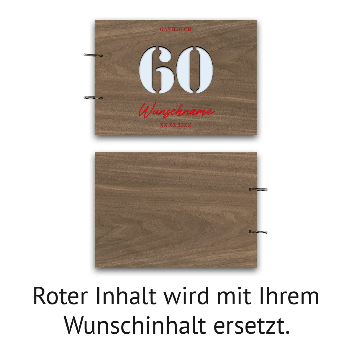 Personalisiertes Gästebuch Geburtstag Nussbaum Holz A4 quer - 60 Jahre Stanze