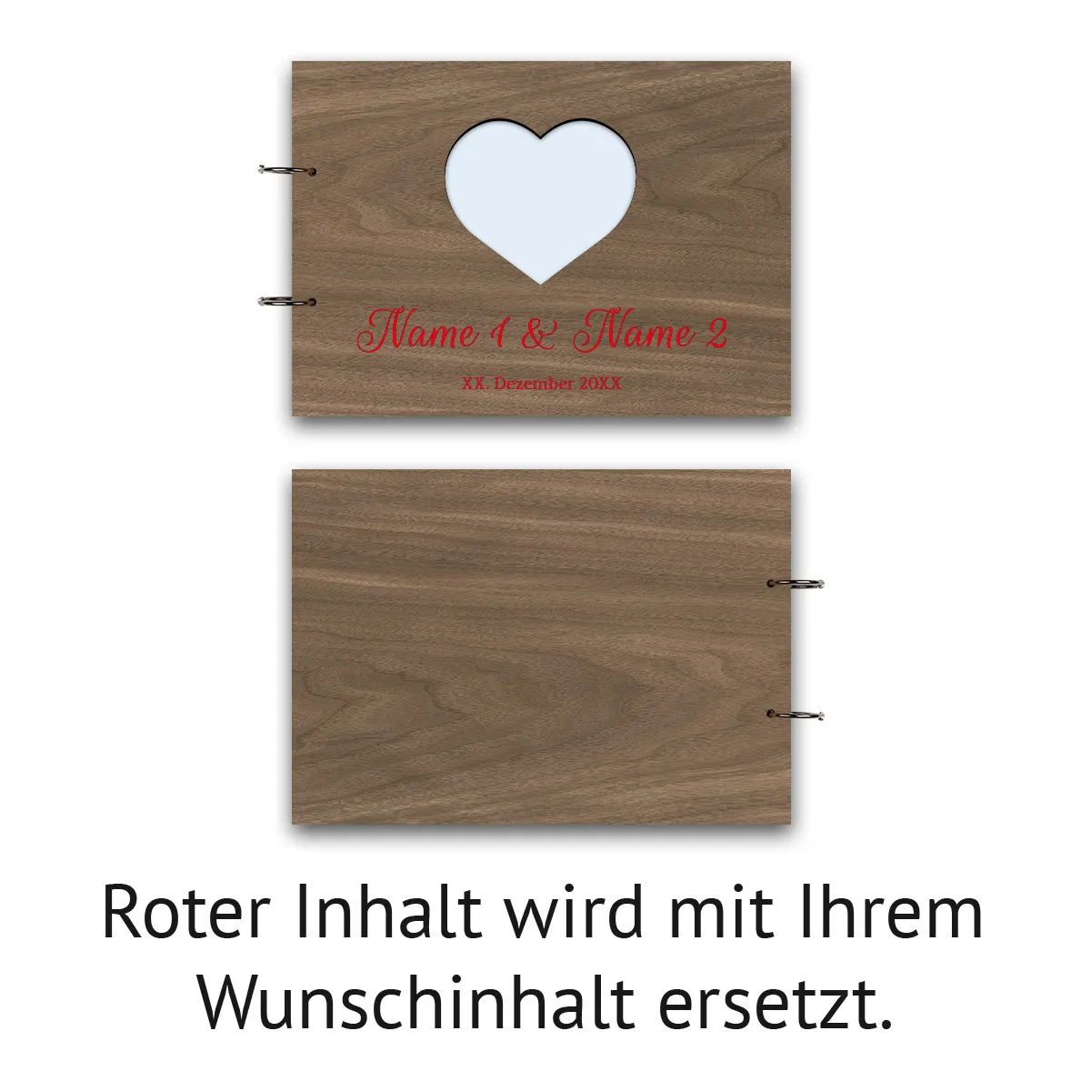 Personalisiertes Hochzeit Gästebuch Nussbaum Holz A4 quer - Herz