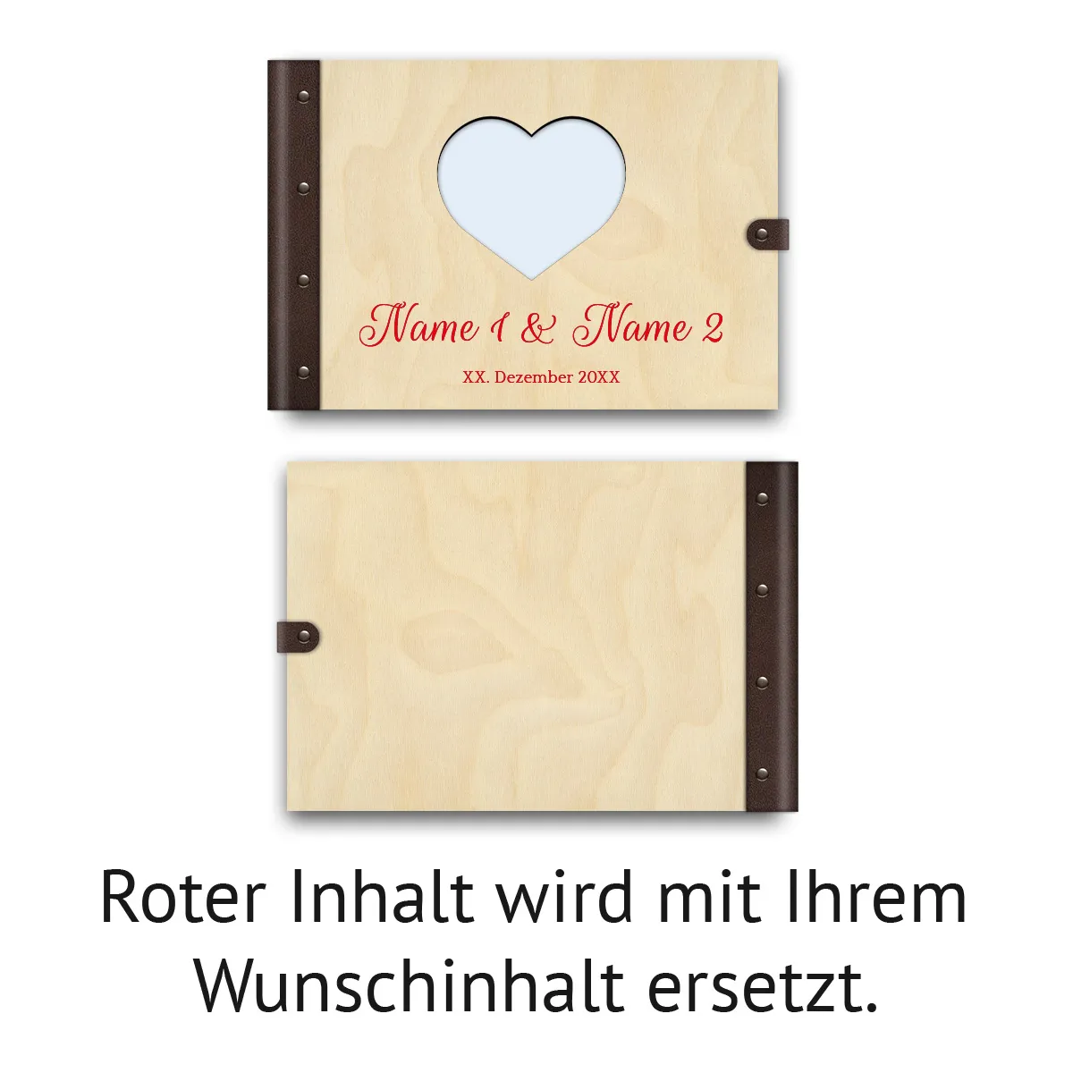 Gästebuch individuell Birkensperrholz mit Lederrücken A4 quer - Herz