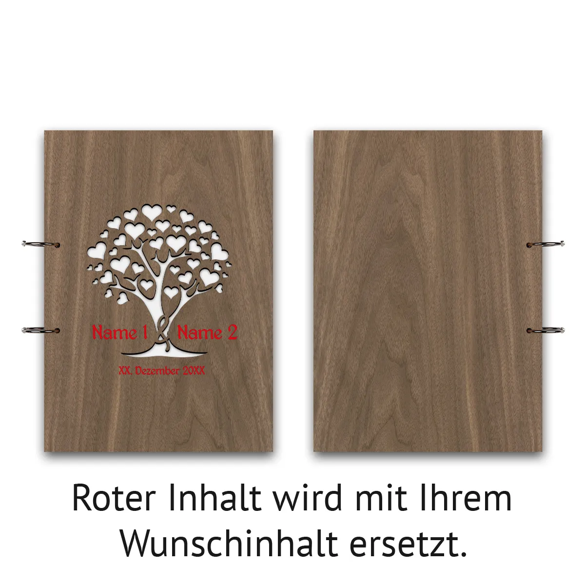 Personalisiertes Gästebuch Nussbaum Holz A4 hoch - Herzbaum