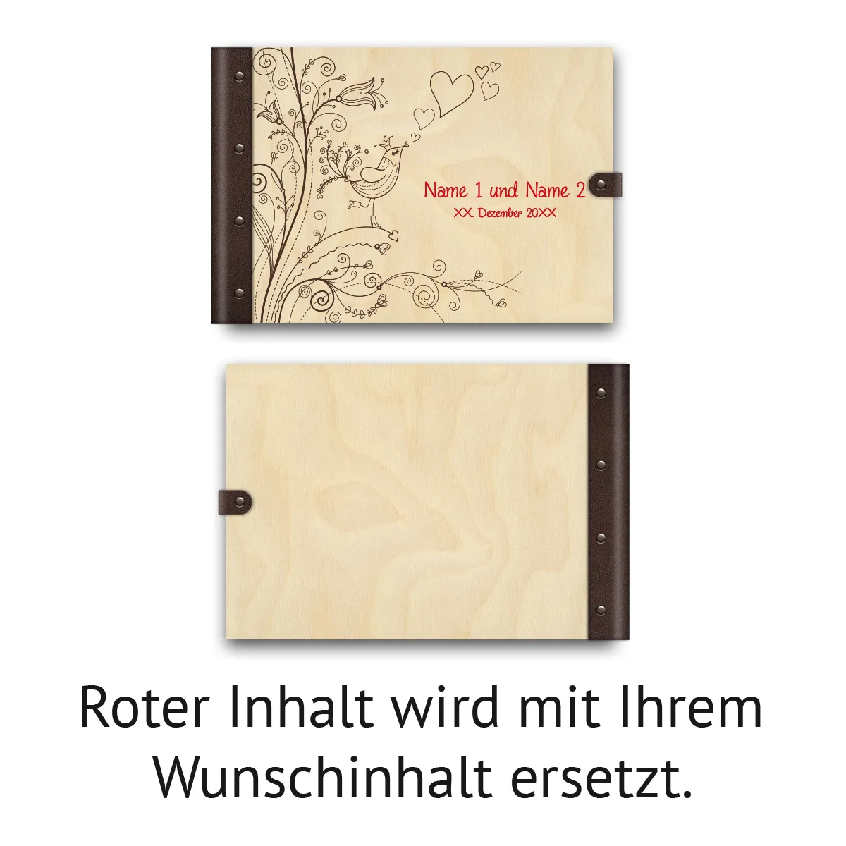 Gästebuch individuell Birkensperrholz mit Lederrücken A4 quer - Liebesbaum