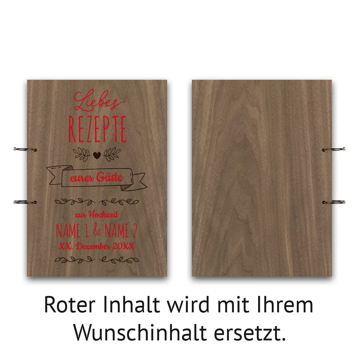 Personalisiertes Hochzeit Gästebuch Nussbaum Holz A4 hoch - Rezeptbuch