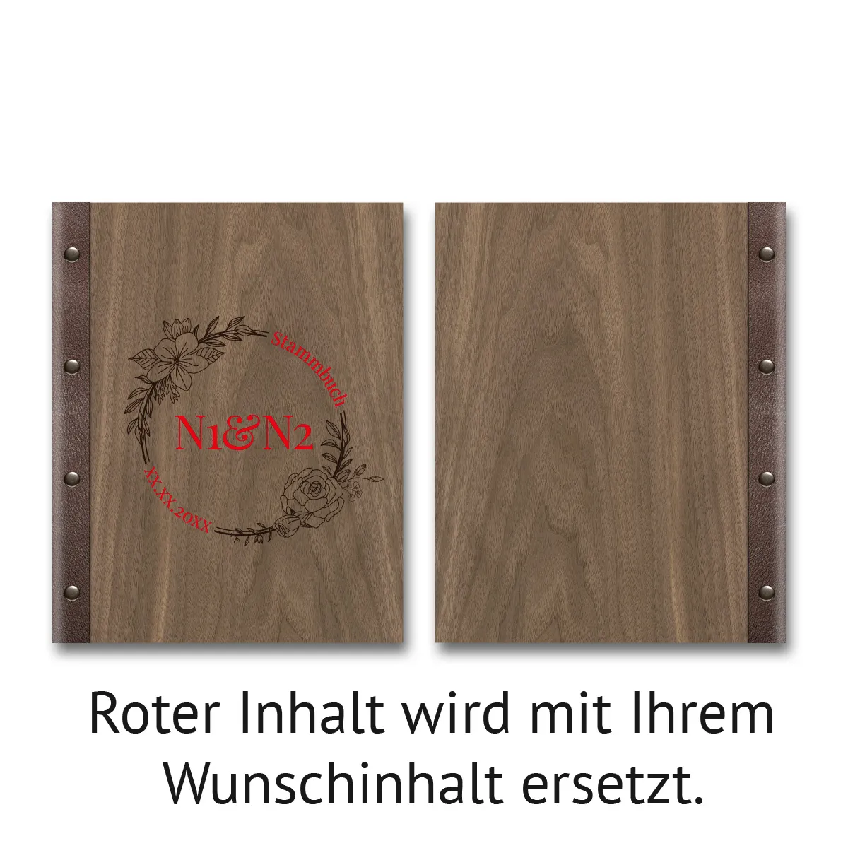 Personalisiertes Stammbuch Nussbaum Holz Stammbuchformat - Blumen Initialen
