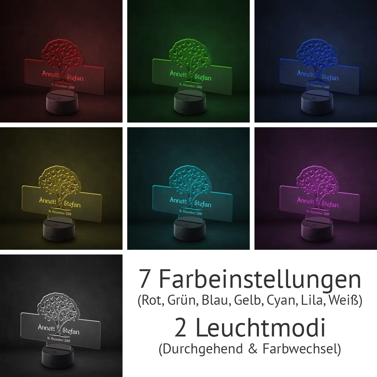 Acrylglasschild LED-Lampe personalisiert - Herzbaum