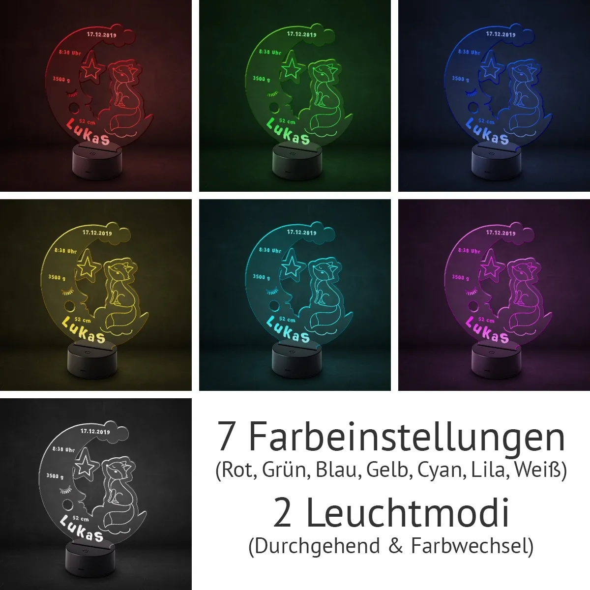 Acrylglasschild LED-Lampe personalisiert - Mondfuchs