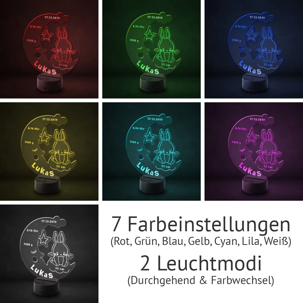 Acrylglasschild LED-Lampe personalisiert - Mondhase