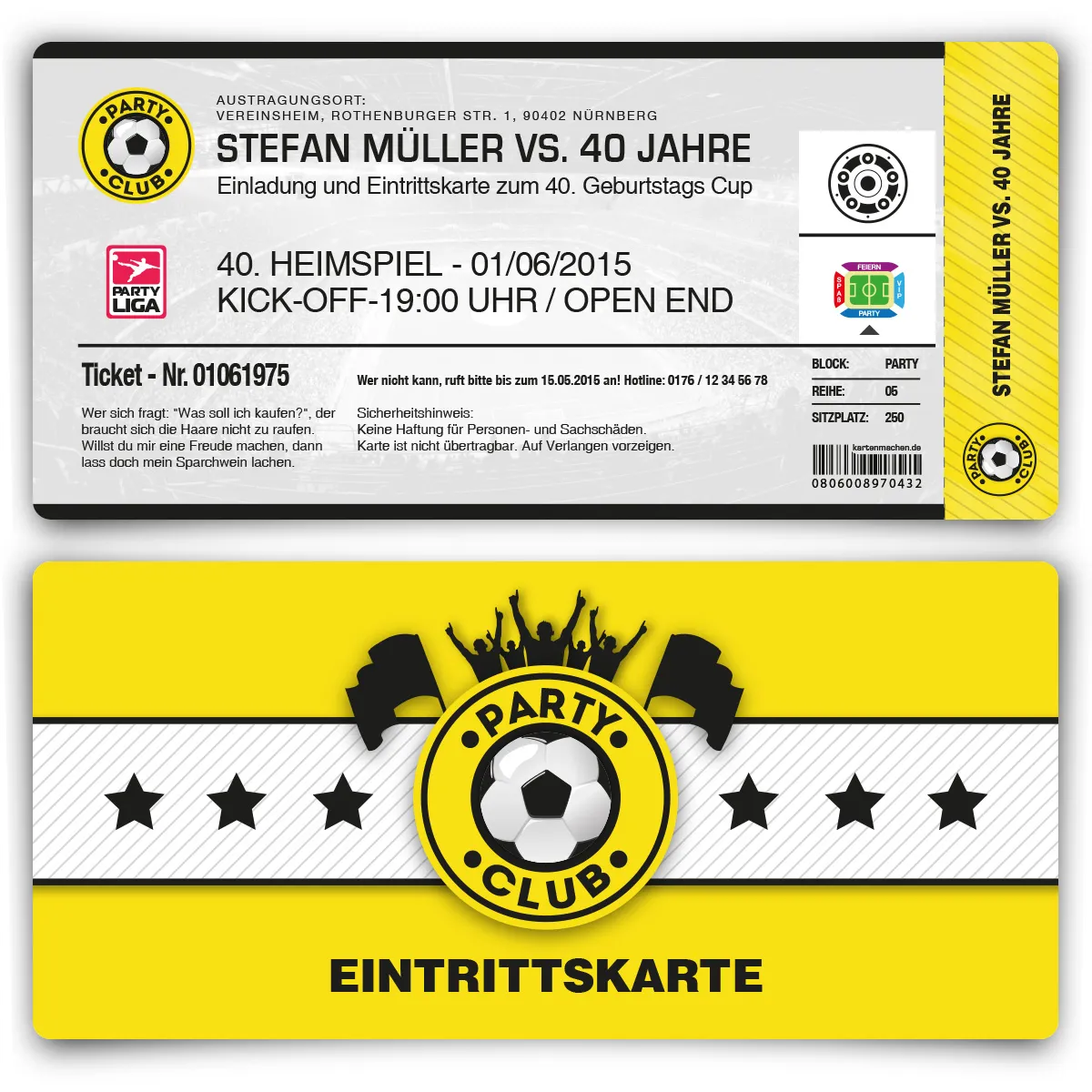 Einladungskarte als Fussballticket - Gelb