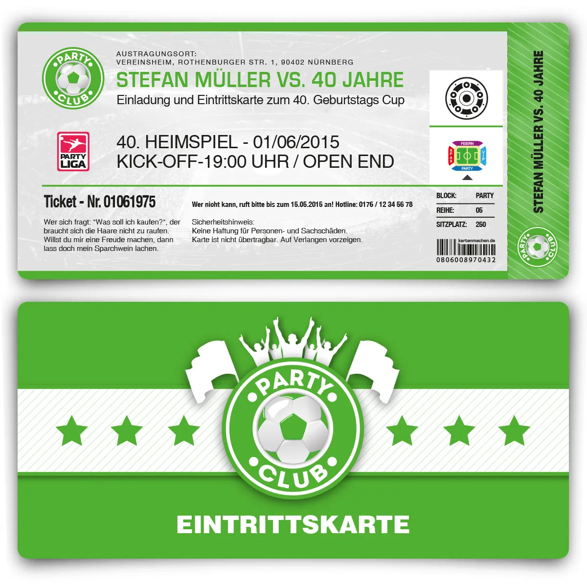 Einladungskarten als Fussballticket - Grün