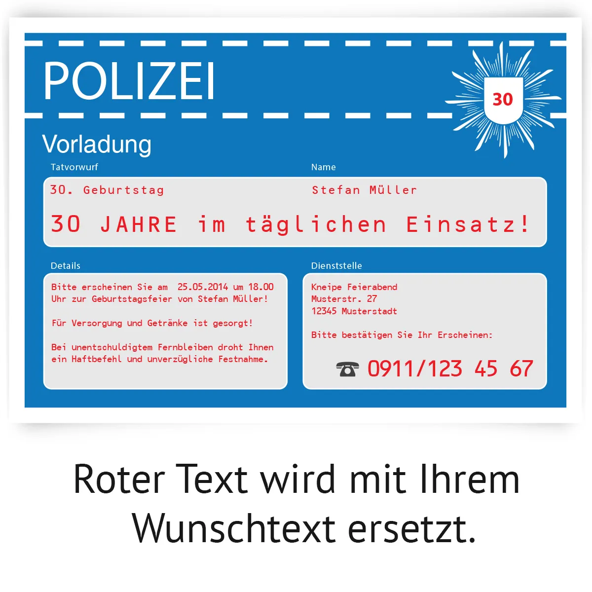 Einladungskarte als Polizeivorladung - Blau
