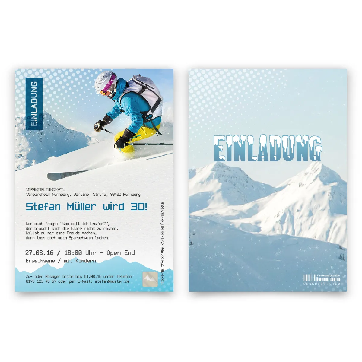 Einladungskarten als Skipass mit eigenem Foto