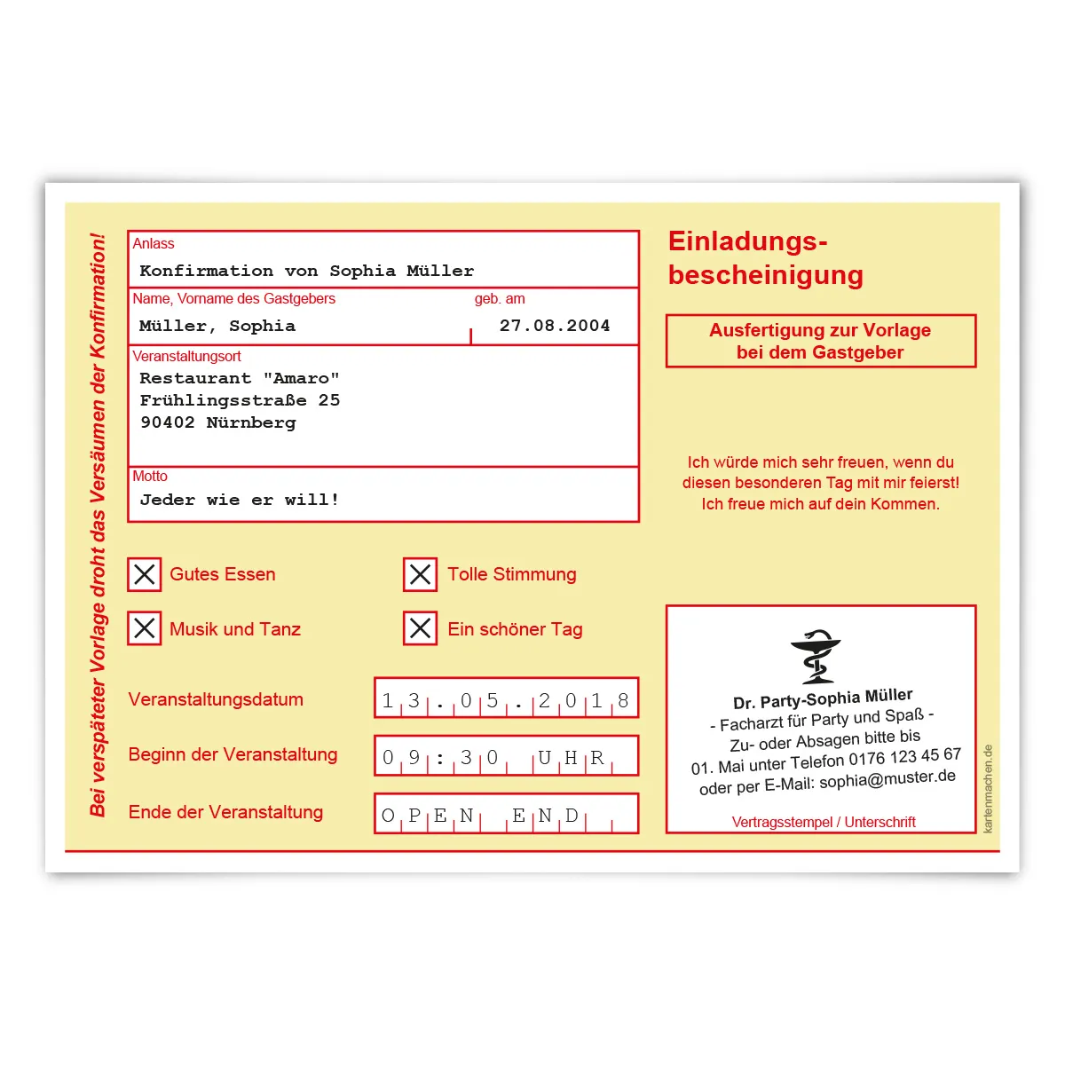Einladungskarten Konfirmation als Krankschreibung in Gelb