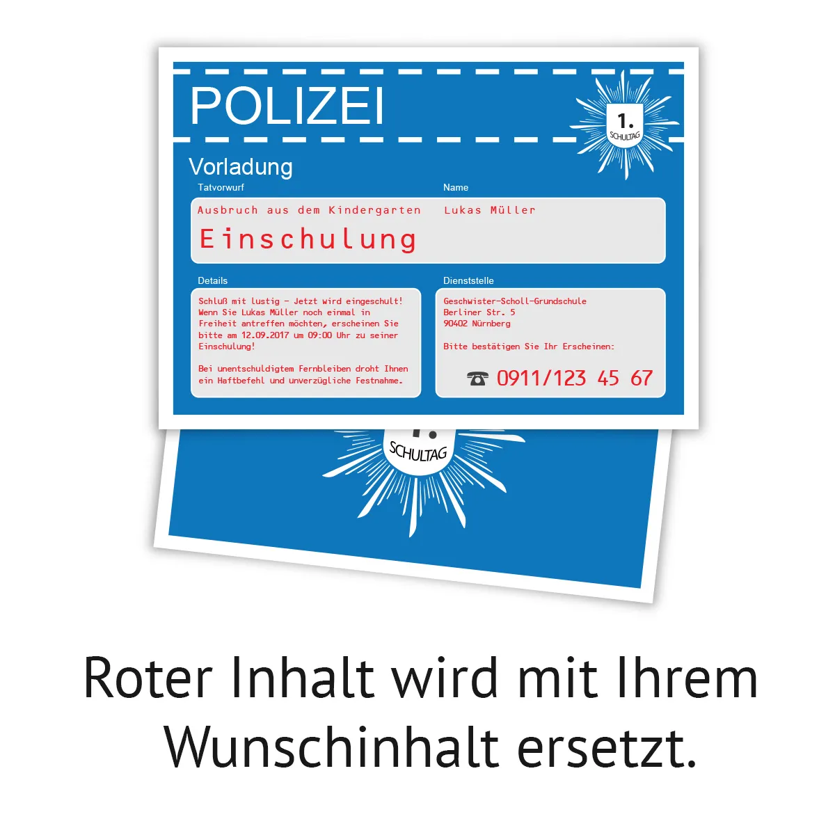 Einladungskarten - Polizei Vorladung zur Einschulung in Blau