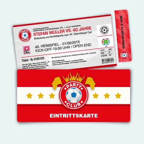 Geburtstag Einladungskarten als Fußball Ticket Weiß Rot mit echtem Abriss und eigener Text